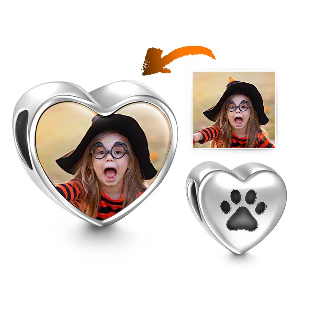 Paw Print Heart Photo Charm – Personalized Silver Bead Pendant