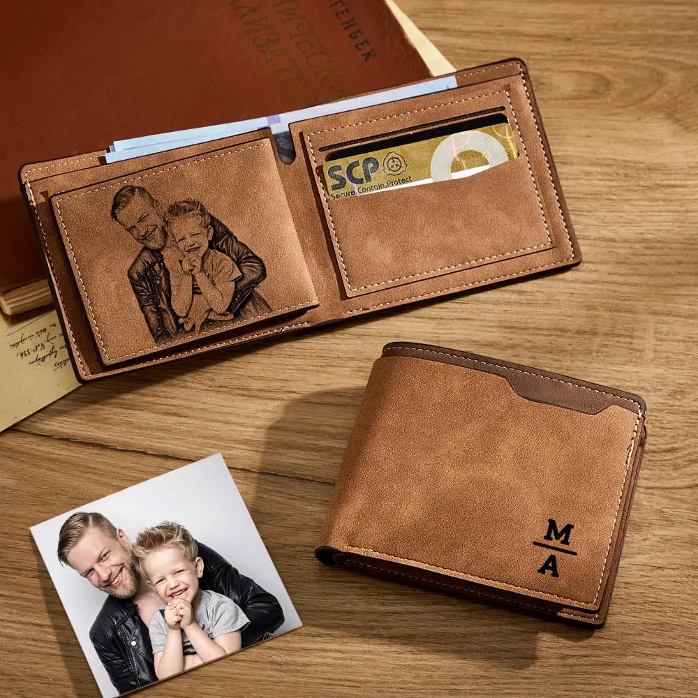 Unisex Leather Wallet with Personalized Photo and Text Embroider - Vintage Style Gift