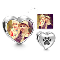 Paw Print Heart Photo Charm – Personalized Silver Bead Pendant