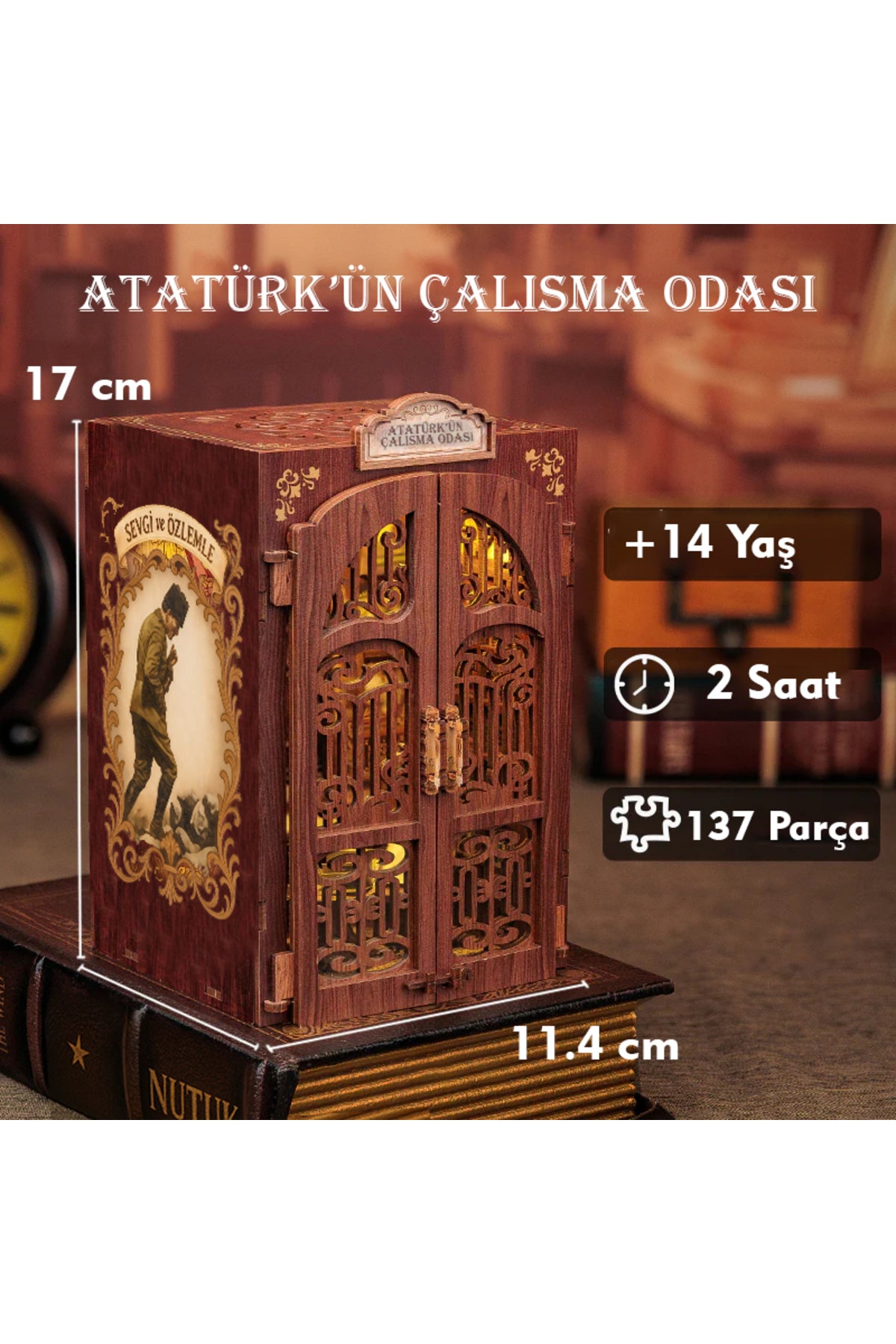 Atatürk Çalışma Odası Mini Kitap Evi – LED Işıklı Ahşap Book Nook Seti