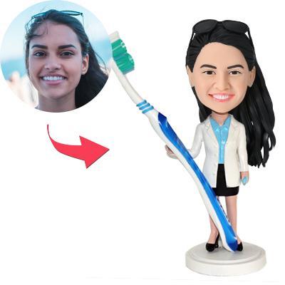 Custom Female Dentist Bobblehead with Toothbrush – Engraved Text Gift