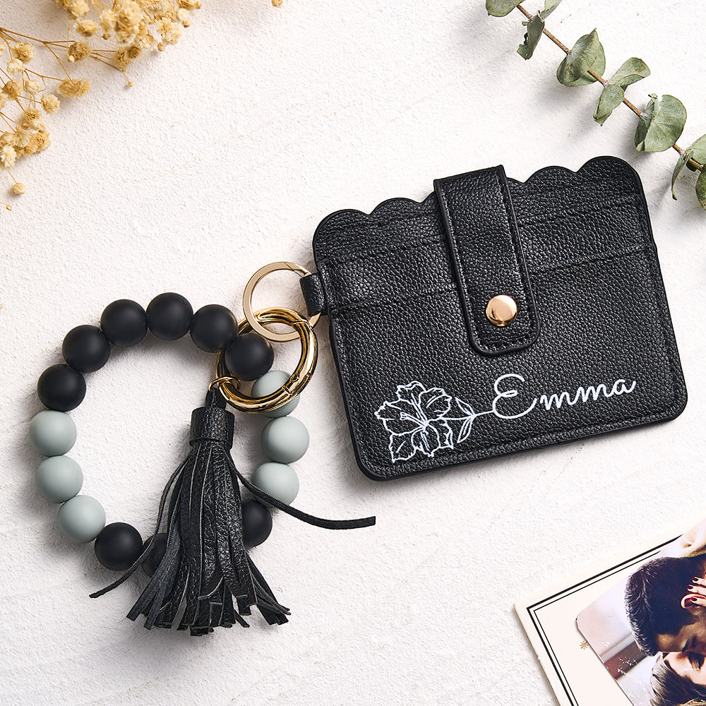 Personalized Birth Flower Design Wallet and Beaded Bracelet Set