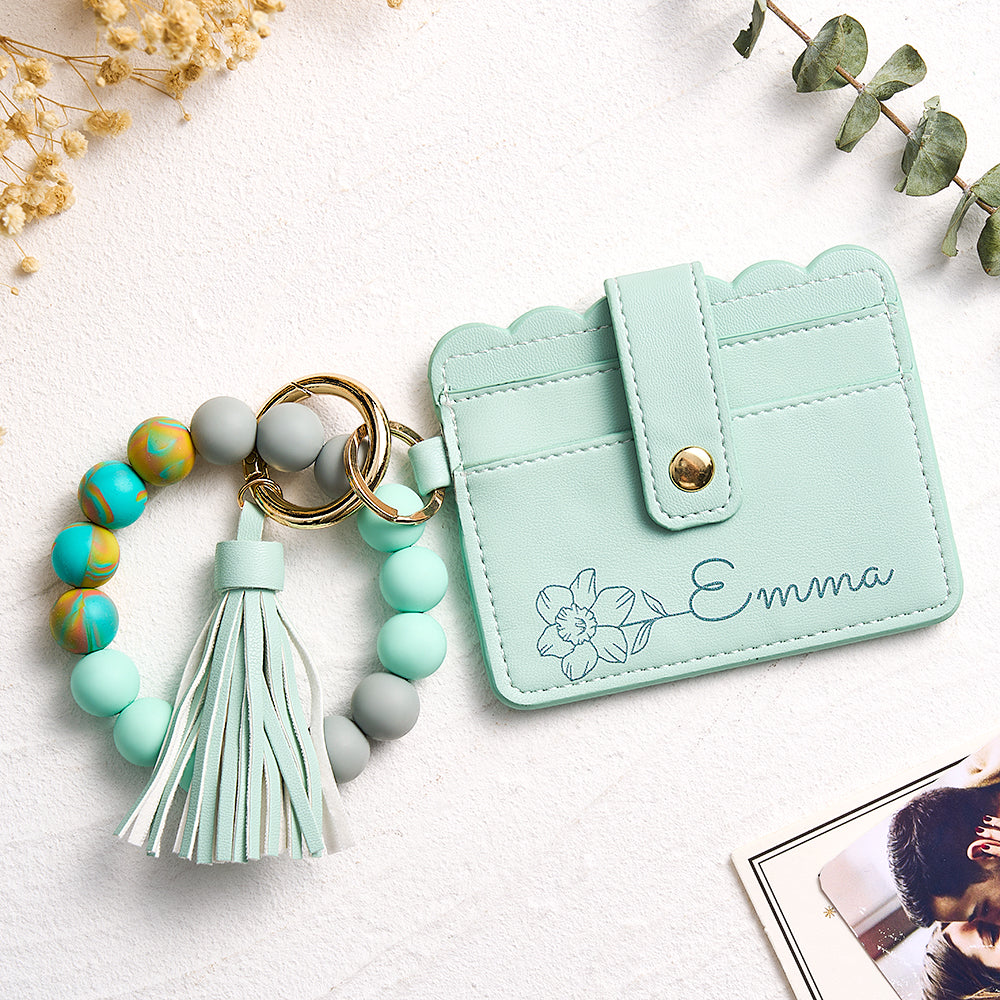 Personalized Birth Flower Design Wallet and Beaded Bracelet Set