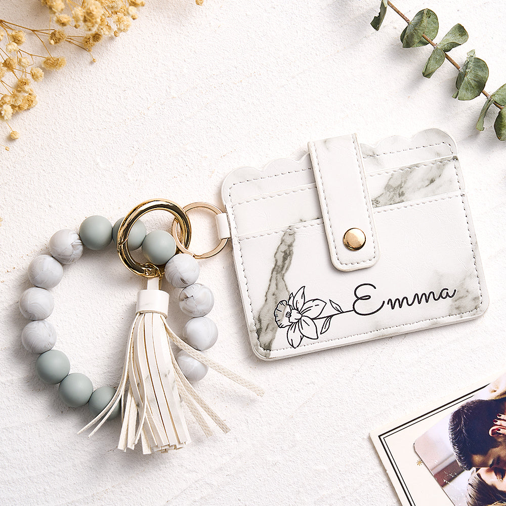 Personalized Birth Flower Design Wallet and Beaded Bracelet Set