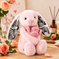 Custom Photo Pink Rose Bunny Plush Personalized Hidden Ear Picture Bunny Gift for Couples Anniversary Gifts