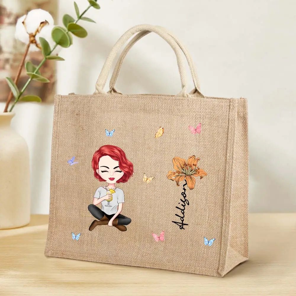 Personalized Birth Flower Illustration Jute Bag for Women & Girls - OnlineBazaar