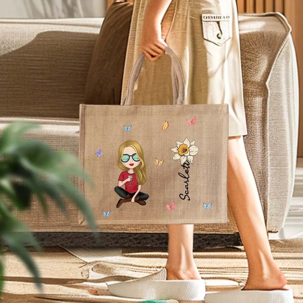 Personalized Birth Flower Illustration Jute Bag for Women & Girls - OnlineBazaar