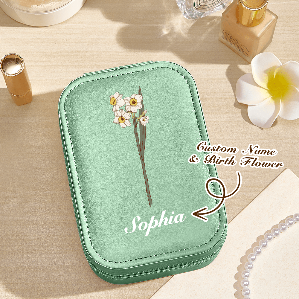 Kişiselleştirilmiş Doğum Çiçeği Deri Takı Kutusu LED Makyaj Aynalı - OnlineBazaar