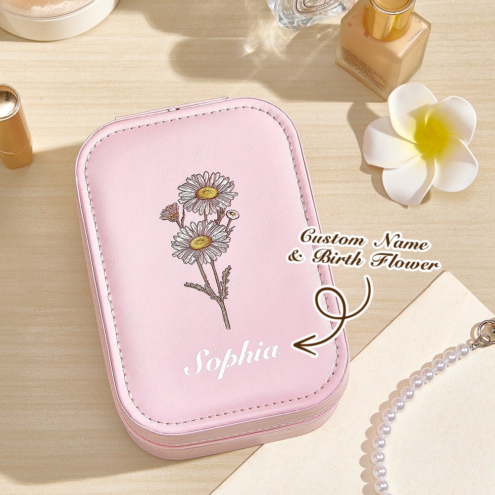 Personalized Birth Flower Leather Jewelry Box with LED Makeup Mirror