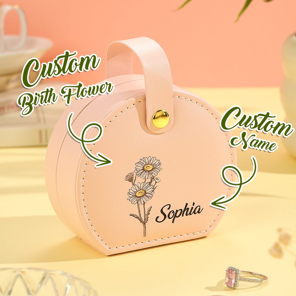 Personalized Birth Flower Jewelry Box Named PU Leather Jewelry Box