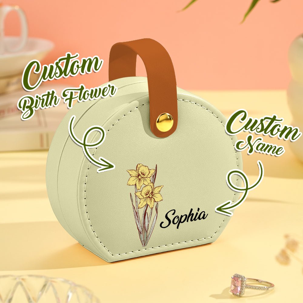 Personalized Birth Flower Jewelry Box Named PU Leather Jewelry Box