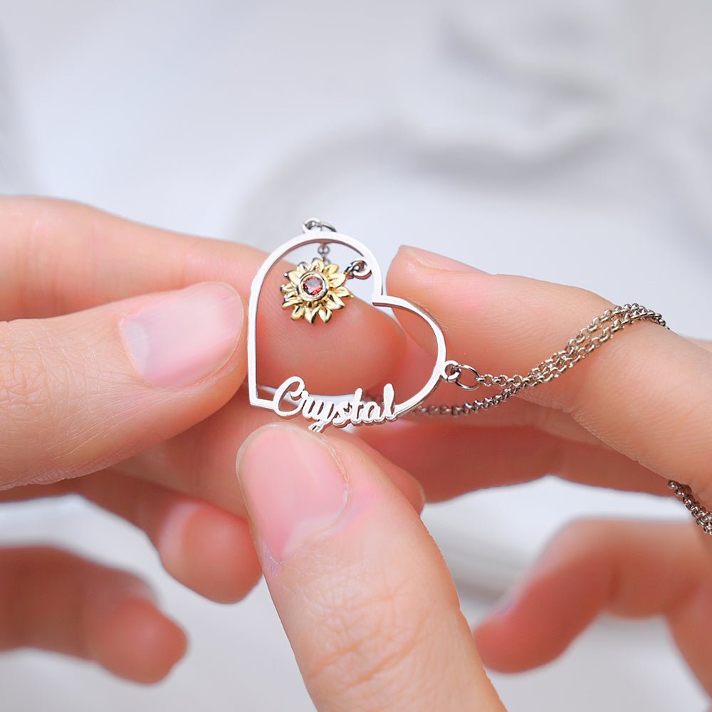 Kişiselleştirilmiş Kalp Şeklinde Ayçiçeği İsim Kolye, Doğum Taşı ile Doğum Günü ve Yıl Dönümü Hediyesi - OnlineBazaar