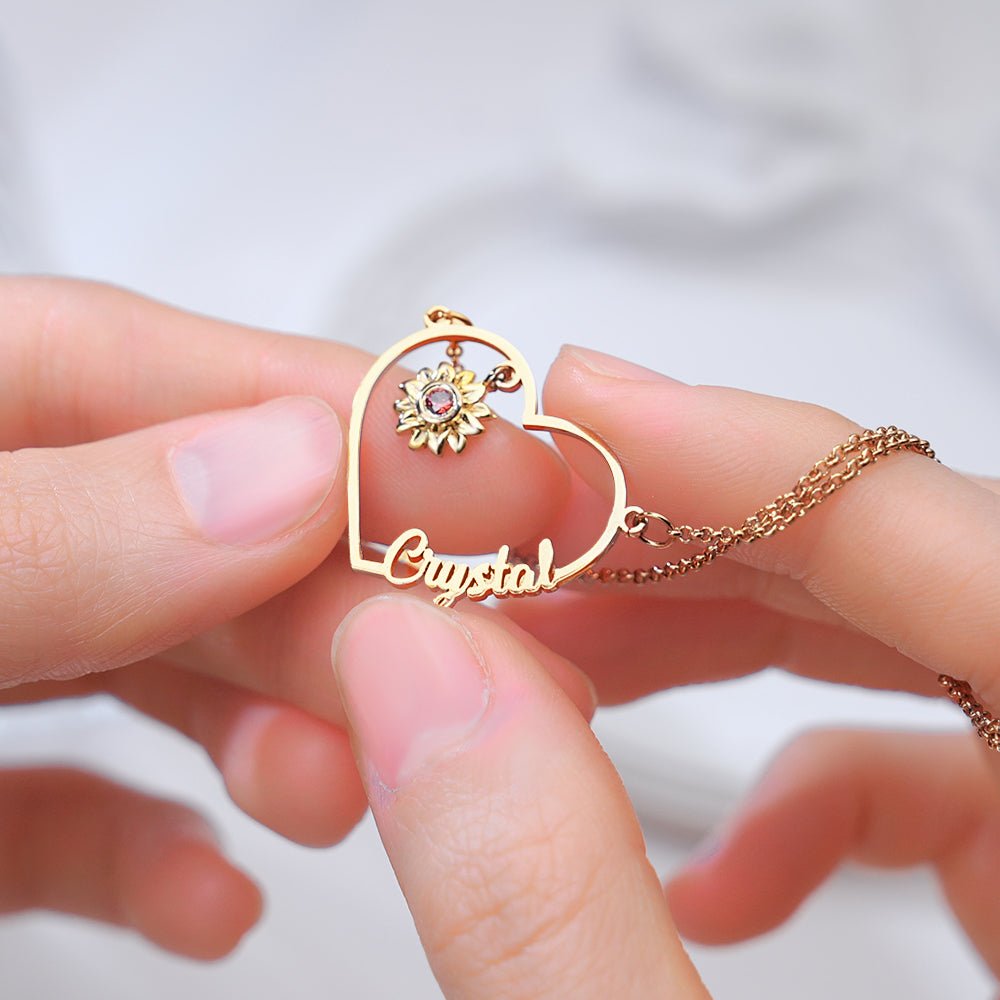 Kişiselleştirilmiş Kalp Şeklinde Ayçiçeği İsim Kolye, Doğum Taşı ile Doğum Günü ve Yıl Dönümü Hediyesi - OnlineBazaar