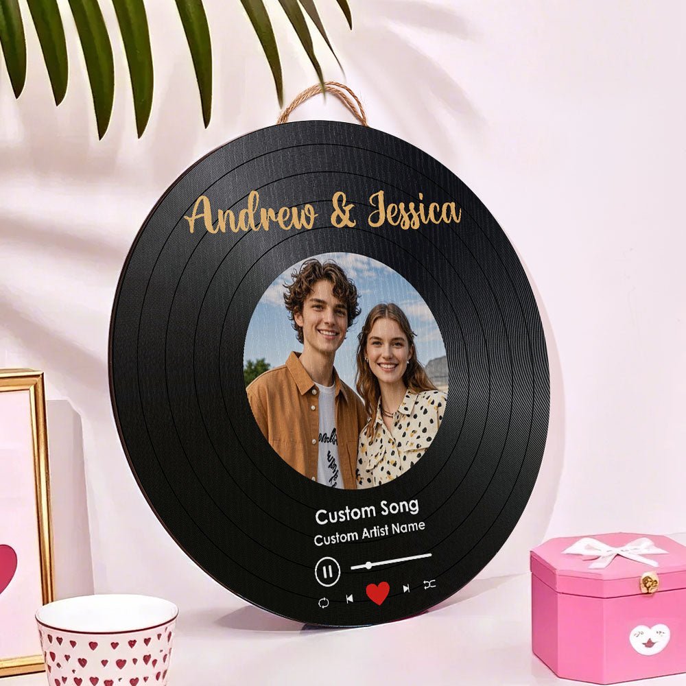 Personalized Music Record Round Wooden Table with Photo - Special Gift for Lover
