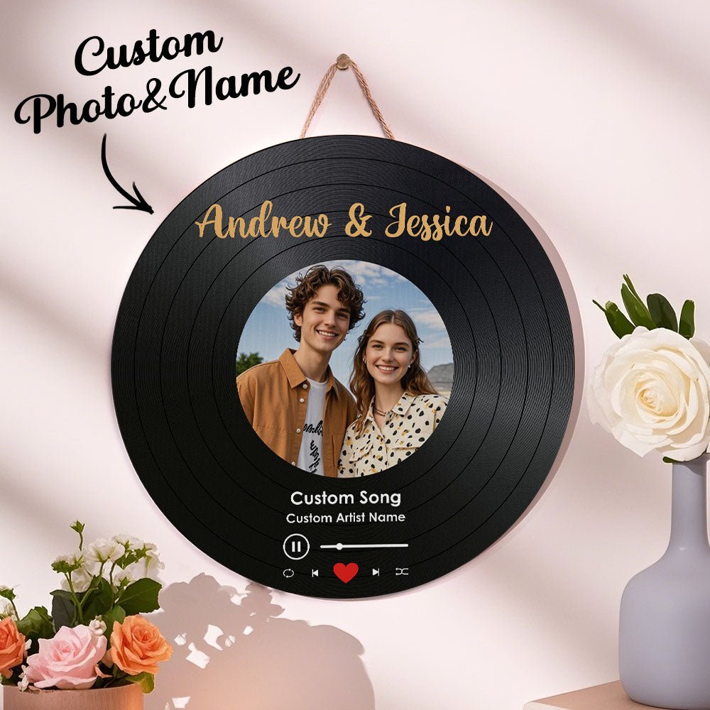 Personalized Music Record Round Wooden Table with Photo - Special Gift for Lover