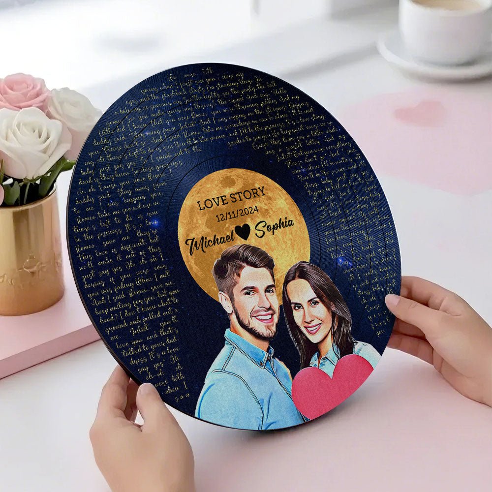 Personalized Record Lyrics and Portrait Round Wooden Sign - Special Gift for Lover
