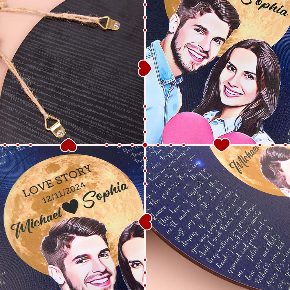 Kişiselleştirilmiş Plak Şarkı Sözleri ve Portre Yuvarlak Ahşap Tablo - Sevgiliye Özel Hediye - OnlineBazaar