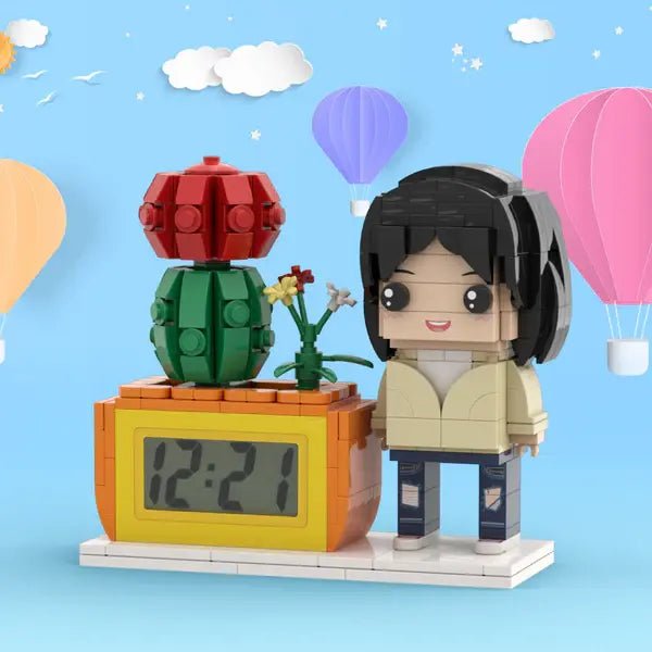 Custom Brick Figure Clock with Mini Potted Plant – Personalized Desk Clock - OnlineBazaar