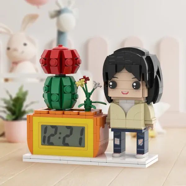 Custom Brick Figure Clock with Mini Potted Plant – Personalized Desk Clock - OnlineBazaar